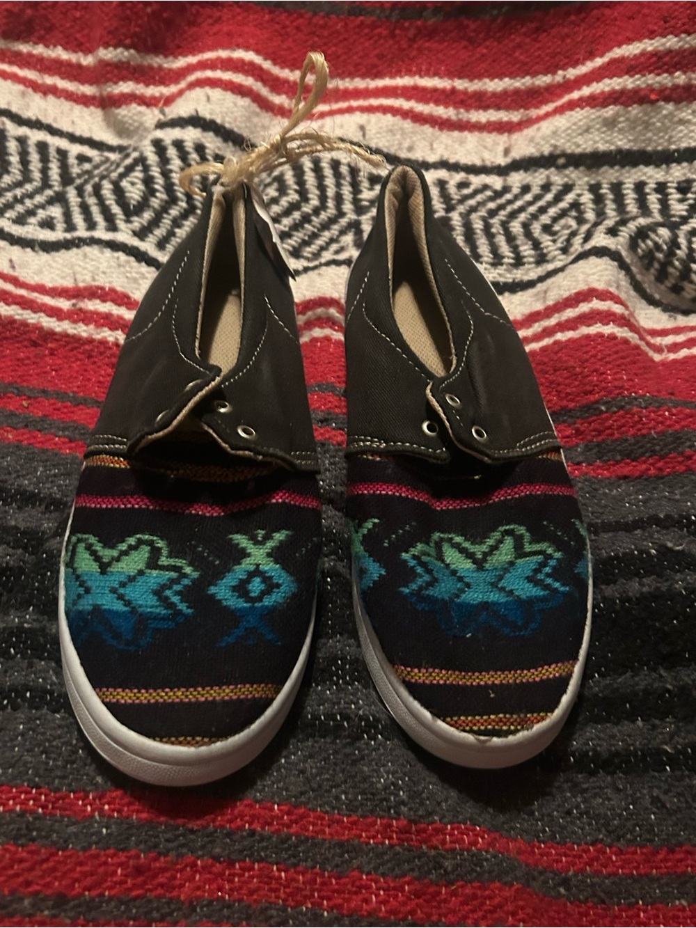 Women’s Black Canvas Moccasin lace ups with Teal Pattern made in Spain